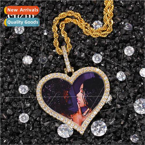 HIPHOP Love Heart Photo Pendant Necklace Copper wh Zirconia