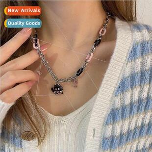 che Pink Black Chain Spliced Cat Necklace Female Sense Choke