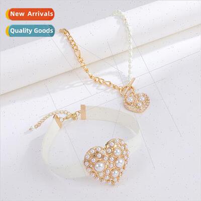 Peach heart inlaid pearl necklace women Europe choker fashio