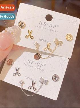 Koreas925 silver needle small scissors earrings three sets f