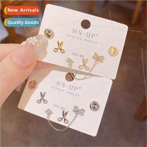 Koreas925 silver needle small scissors earrings three sets f