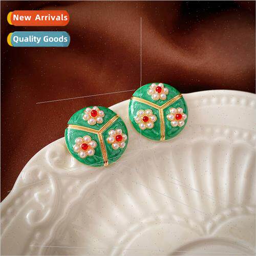 Silver Needle Earrings Green Drip Oil Flower French Vintage