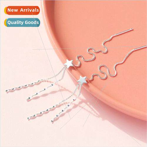New silver needle Korea pentagram earrings long tassel wave