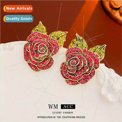 Earrings silver pin wh diamonds red flowers metal earrings r