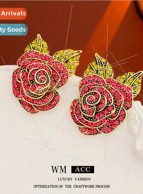 Earrings silver pin wh diamonds red flowers metal earrings r
