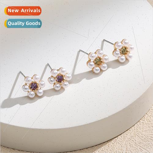 Copper inlaid zirconium flower earrings female spring summer 珠宝/钻石/翡翠/黄金 DIY配件 原图主图