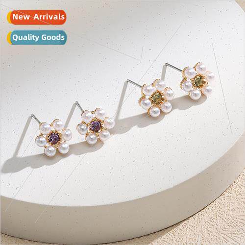 Copper inlaid zirconium flower earrings female spring summer