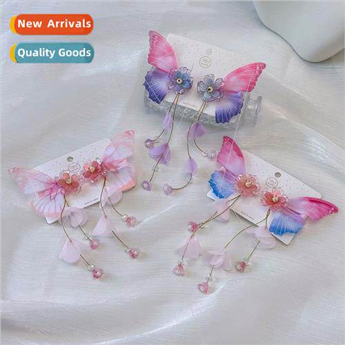 Children fairy gradient butterfly tassel hair clips pair cli