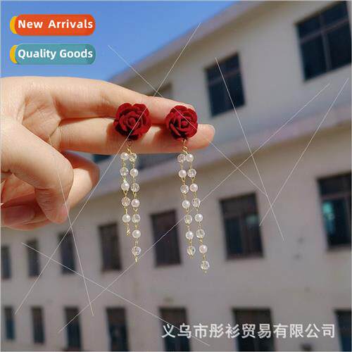 Autumn winter flocking rose tassel earrings female senior re