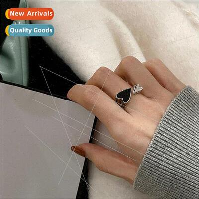 Vintage black love heart ring ins niche index finger ring fe