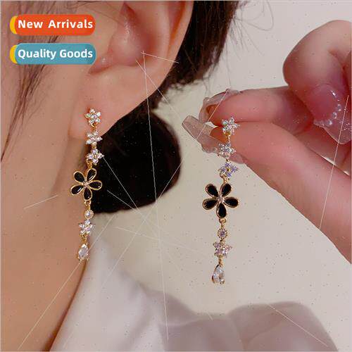s925 silver pin delicate zirconia long tassel oil drop flowe