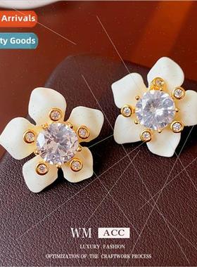 Earrings galvanized silver needle zirconia flower earrings s