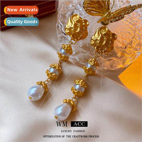 lver needle pleated French pearl drop earrings lerary retro