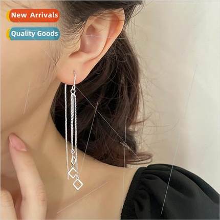 Geometric hollow diamond ear wires long tassel earrings show