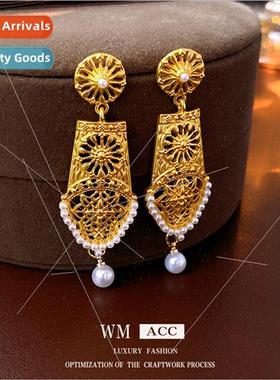 Earrings silver pin openwork flower pearl earrings work