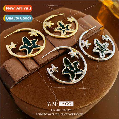 lver needle zirconia oil drop asymmetric star hollow earring