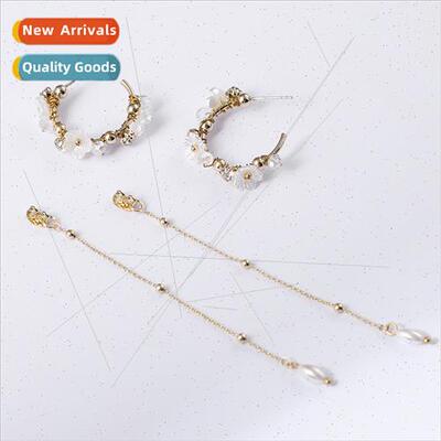 Koreasimple diamond hoops long women floral pearl earrings 9
