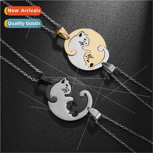 Cute Black Whe Cat Couple Necklace Stainless Steel Puzzle Co