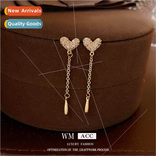 silver Needle Zirconia Heart Long Tassel Earrings Tiny Delic