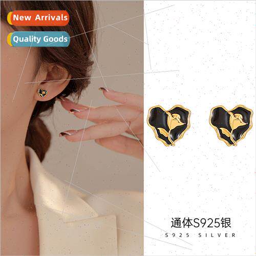 S925 silver vintage black love heart flower earrings female