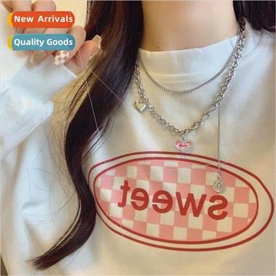 Pink heart necklace double layered stacked collarbone chain