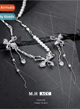 Autumn new bow pearl necklace female sweet gentle lockbone c