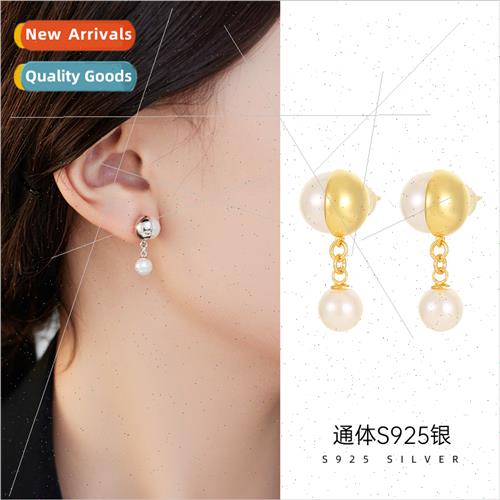 S925 silver simple artificial pearl earrings female round sp