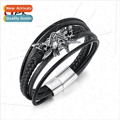 Vintage HWoven Leather Bracelet Stainless Steel Skull Pirate