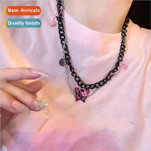 Black Chain Pin Rose Pink Butterfly Paperclip Necklace Women