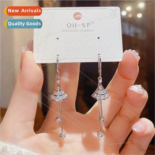 lver micro-set zirconia fan-shaped long tassel earrings fema
