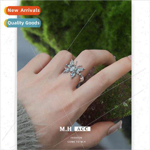 Blue Drip Oil Butterfly Pearl Ring Women Vintage che Index F