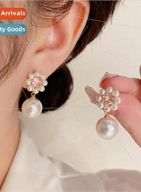 Sweet pink zirconia pearl earrings s925 silver pin delicate