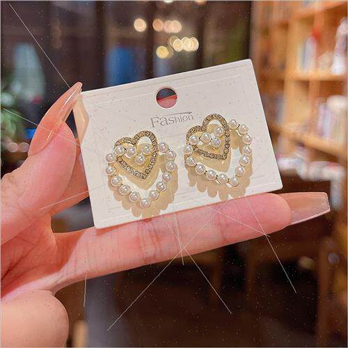 ins double heart pearl earrings female 2024 new tide niche f