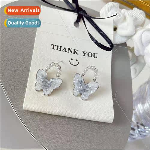 Gradient crystal butterfly pearl earrings 2023 new tide nich