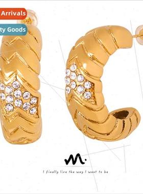 Diamond earrings C-shaped tanium steel gold-plated -tarnish