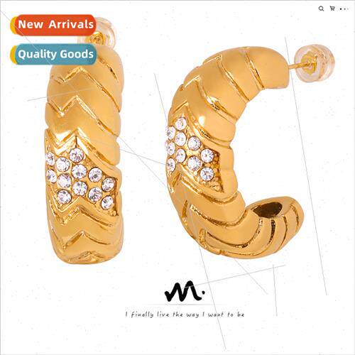 Diamond earrings C-shaped tanium steel gold-plated -tarnish