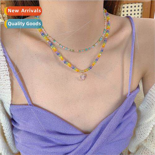 Beaded Double Layer Crystal Heart Necklace Colorful Sweet Su