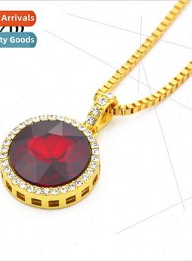 Hip Hop Diamond Set Round Ruby Pendant Europe hiphop Mens Ne