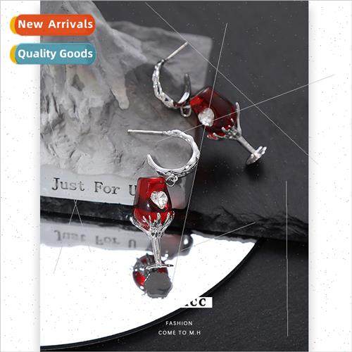 Rose wine glass earrings female Europe retro 925 silver need