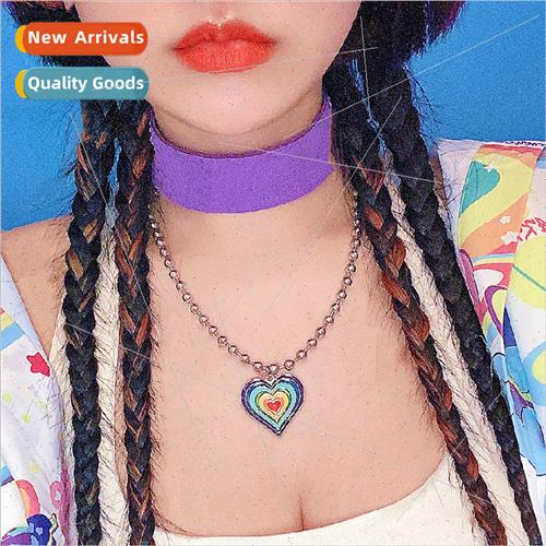 Rainbow love heart round bead necklace ins cold wind simple图片
