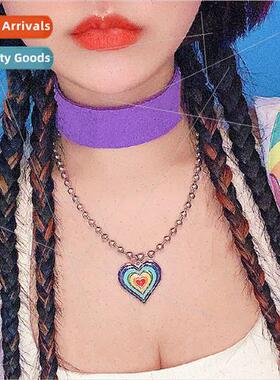 Rainbow love heart round bead necklace ins cold wind simple