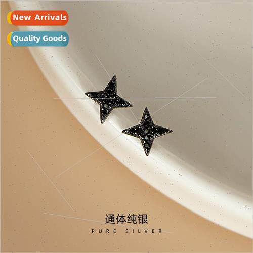 S925 silver simple black quadrangle star earrings female Kor