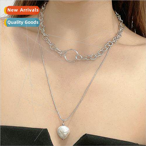 Cold wind thick necklace women silver pearl fashion stack ne