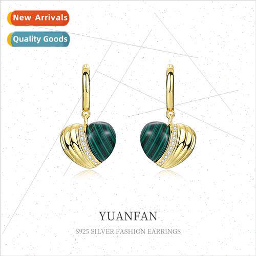 S925 Silver Heart Earrings适用Women Europe Malachite Earring