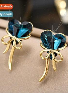 Navy blue crystal peach heart earrings gold bow earrings vin