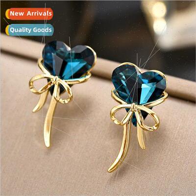 Navy blue crystal peach heart earrings gold bow earrings vin