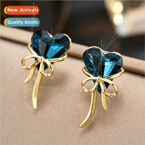 Navy blue crystal peach heart earrings gold bow earrings vin