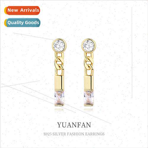 925 lver Chain Earrings Women Europe ins Square Zirconia Ear