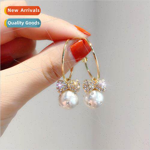 Bow tie pearl earrings female long Korea earrings circle ear
