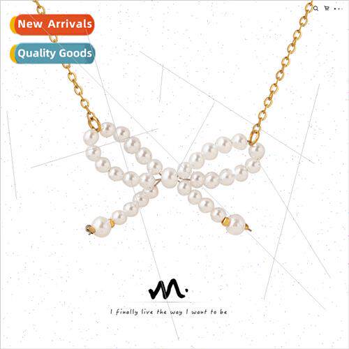 Europe imation pearl bow pendant necklace tanium steel plati